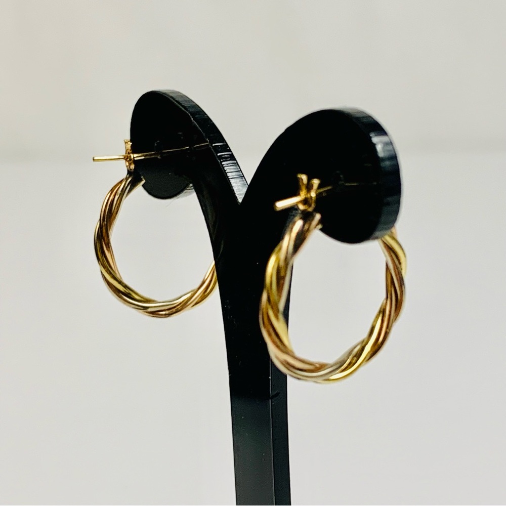 14K Tri-Color Small Twisted Hoop Earrings - Picture 7 of 12